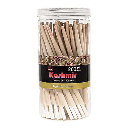 Kashmir Organic Hemp 1¼ Size pre-rolled cones 200 count jar with clear resealable lid and paisley label, Made in USA.