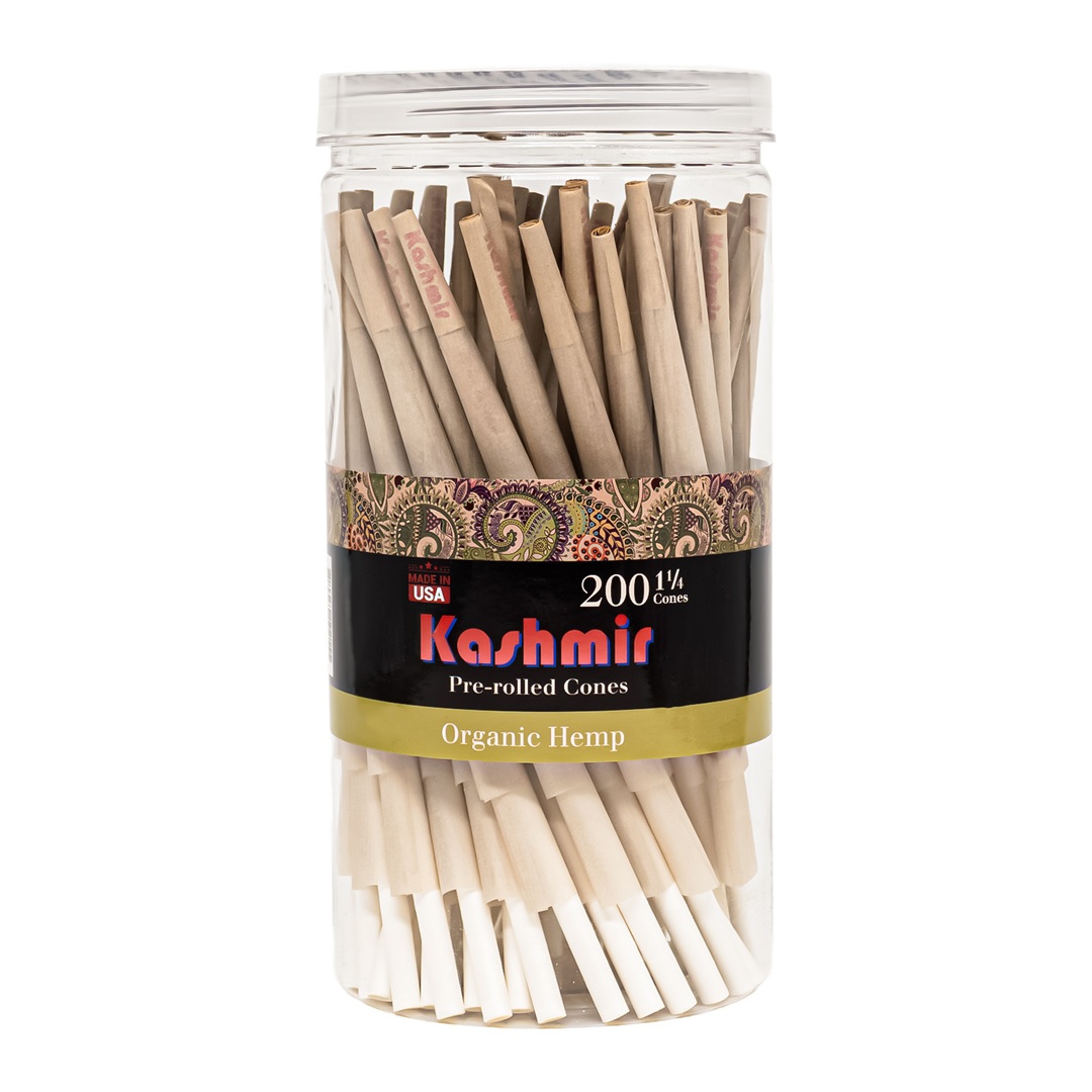 Kashmir Organic Hemp 1¼ Size pre-rolled cones 200 count jar with clear resealable lid and paisley label, Made in USA.