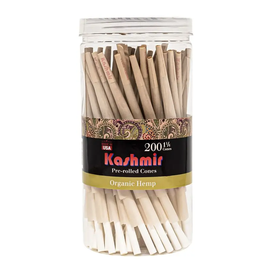 Kashmir Organic Hemp 1¼ Size pre-rolled cones 200 count jar with clear resealable lid and paisley label, Made in USA.