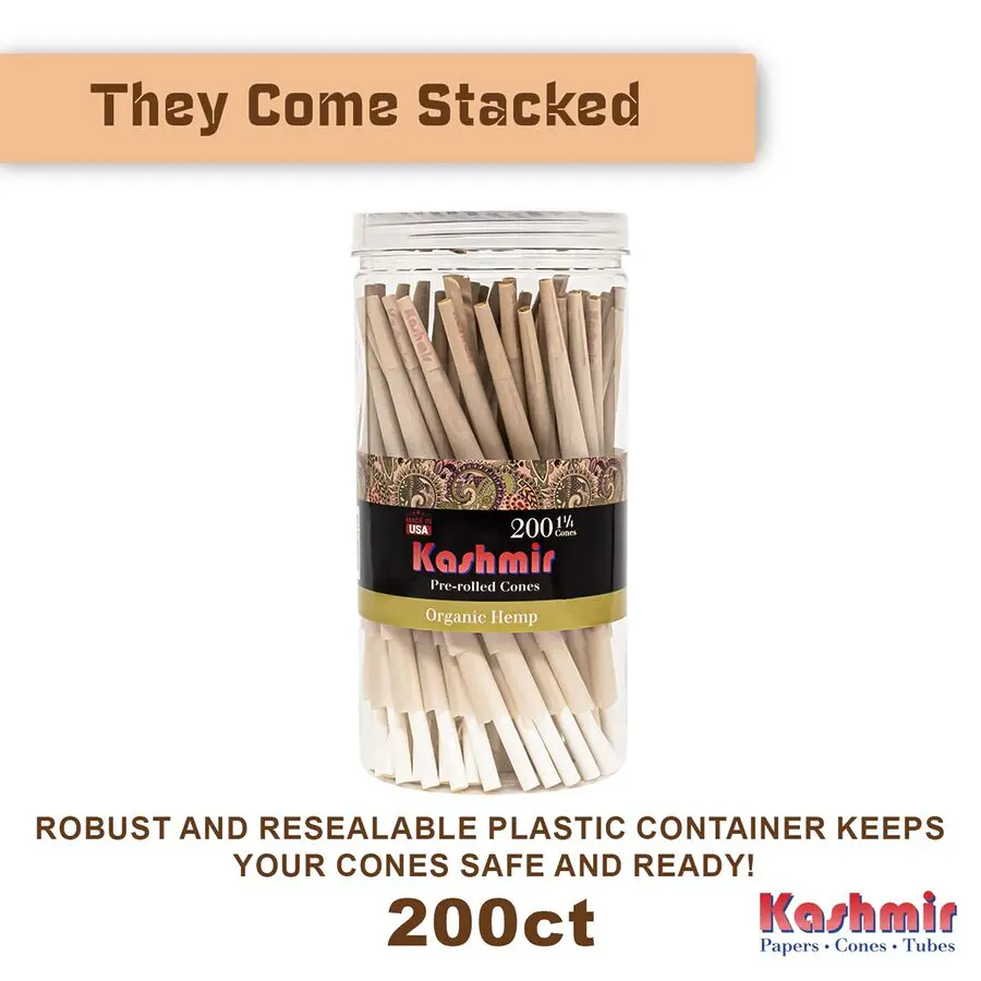 Kashmir Organic Hemp 1¼ Size pre-rolled cones 200 count stacked jar with “They Come Stacked” banner and resealable lid.