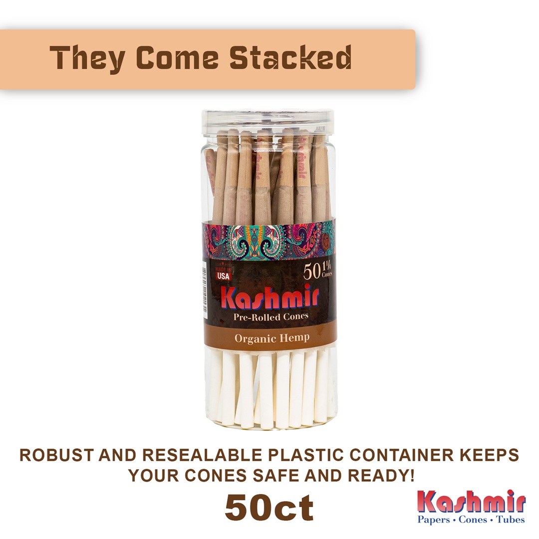 Kashmir Organic Hemp 1¼ size pre-rolled cones 50 count stacked jar with label Organic Hemp and Made in USA, shown with resealable clear jar.