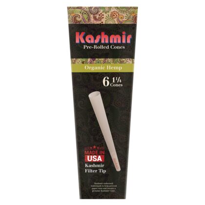 Kashmir Organic Hemp 6 pack of 1 ¼ size mini pre-rolled cones, green paisley box with Made in USA label and hemp filter tip shown upright.