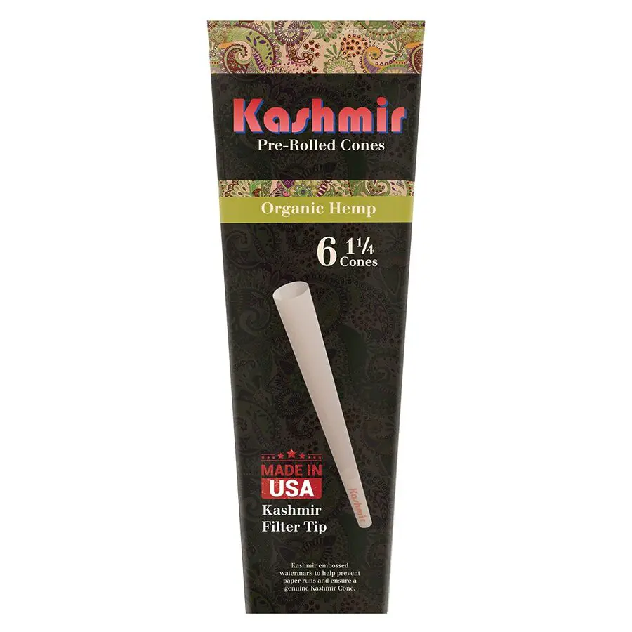 Kashmir Organic Hemp 6 pack of 1 ¼ size mini pre-rolled cones, green paisley box with Made in USA label and hemp filter tip shown upright.