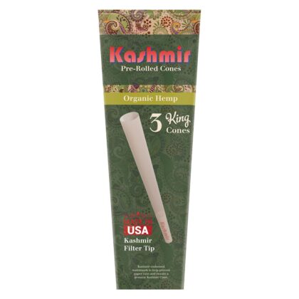 Kashmir Organic Hemp 3 King Size pre-rolled cones mini pack, green paisley box with Made in USA mark and hemp filter tip.
