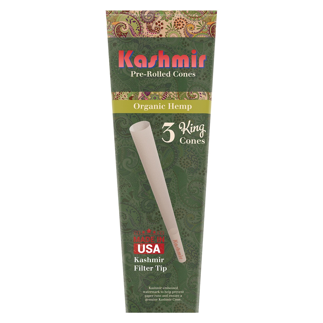 Kashmir Organic Hemp 3 King Size pre-rolled cones mini pack, green paisley box with Made in USA mark and hemp filter tip.
