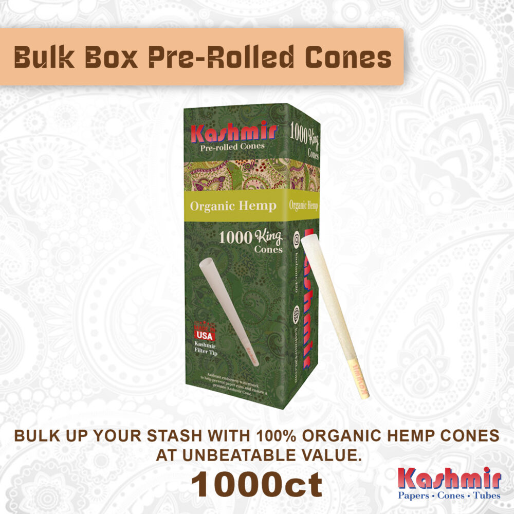 Kashmir Organic Hemp Cones bulk box tower with one king-size pre-rolled cone shown, 1000-count pack.