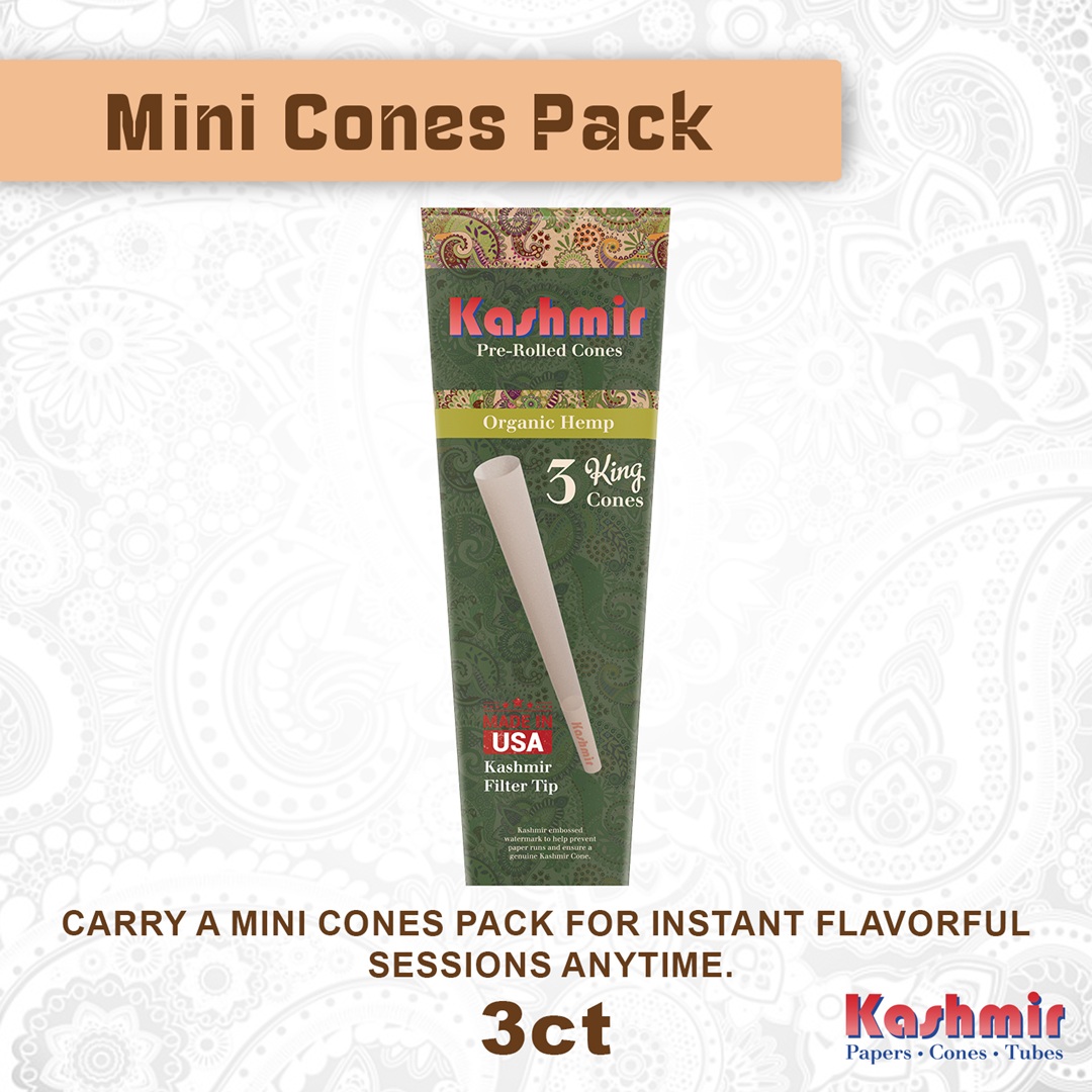Kashmir Organic Hemp 3 King Size pre-rolled cones mini pack, green paisley box labeled Made in USA with hemp filter tip, shown upright on white background.