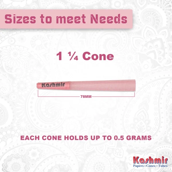 Kashmir pink pre-rolled smoking cones in 1¼ (78 mm) size, each holding up to 0.5 g of herbs.