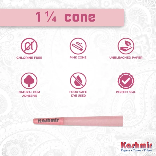 Close-up of a 1¼ (0.5 g) pink pre-rolled cone made from unbleached paper, featuring natural gum adhesive, food-safe dye, and a perfect seal