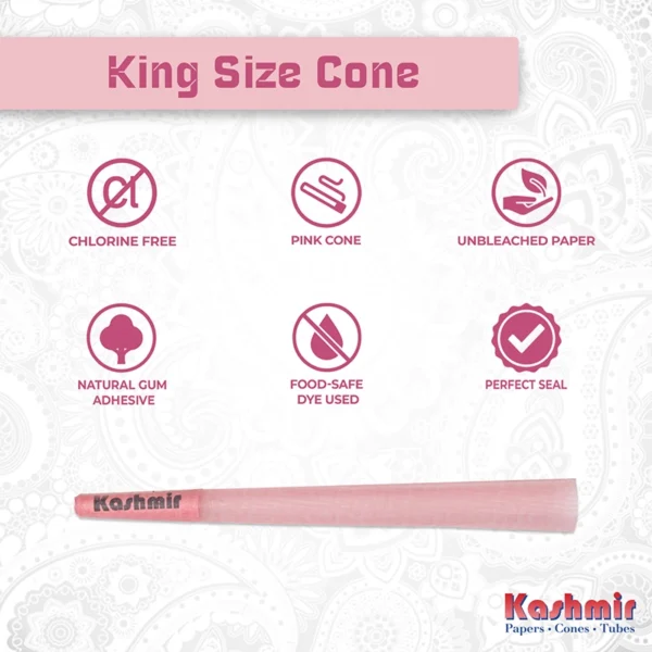 Close-up of a King Size (109mm) pink pre-rolled cone made from unbleached paper, featuring natural gum adhesive, food-safe dye, and a perfect seal.
