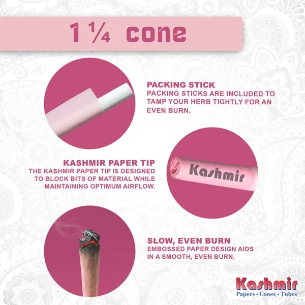 Close-up of a 78 mm pink Kashmir pre-rolled cone with included packing stick, unbleached paper tip, and embossed design for a slow, even burn.