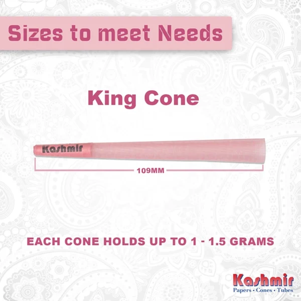 Kashmir pink pre-rolled smoking cones in King Size (109 mm) size, each holding up to 1 to 1.5 g of herbs.