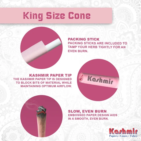Close-up of a 109mm pink Kashmir pre-rolled cone with included packing stick, unbleached paper tip, and embossed design for a slow, even burn.