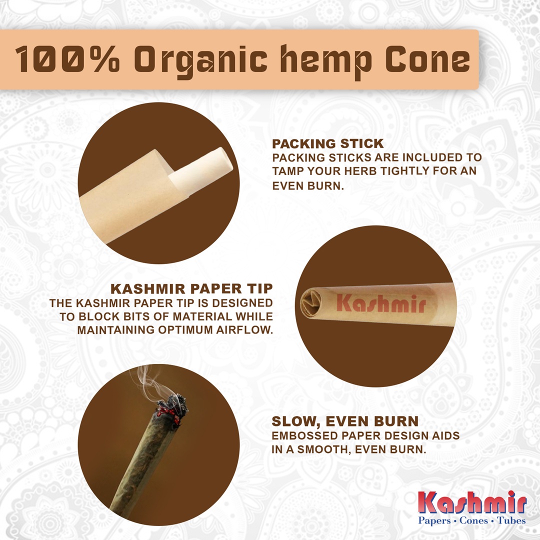Kashmir hemp cone features 2: packing stick, KASHMIR brand embossed paper W shaped paper tip for a slow, smooth, even burn smoking experiance.