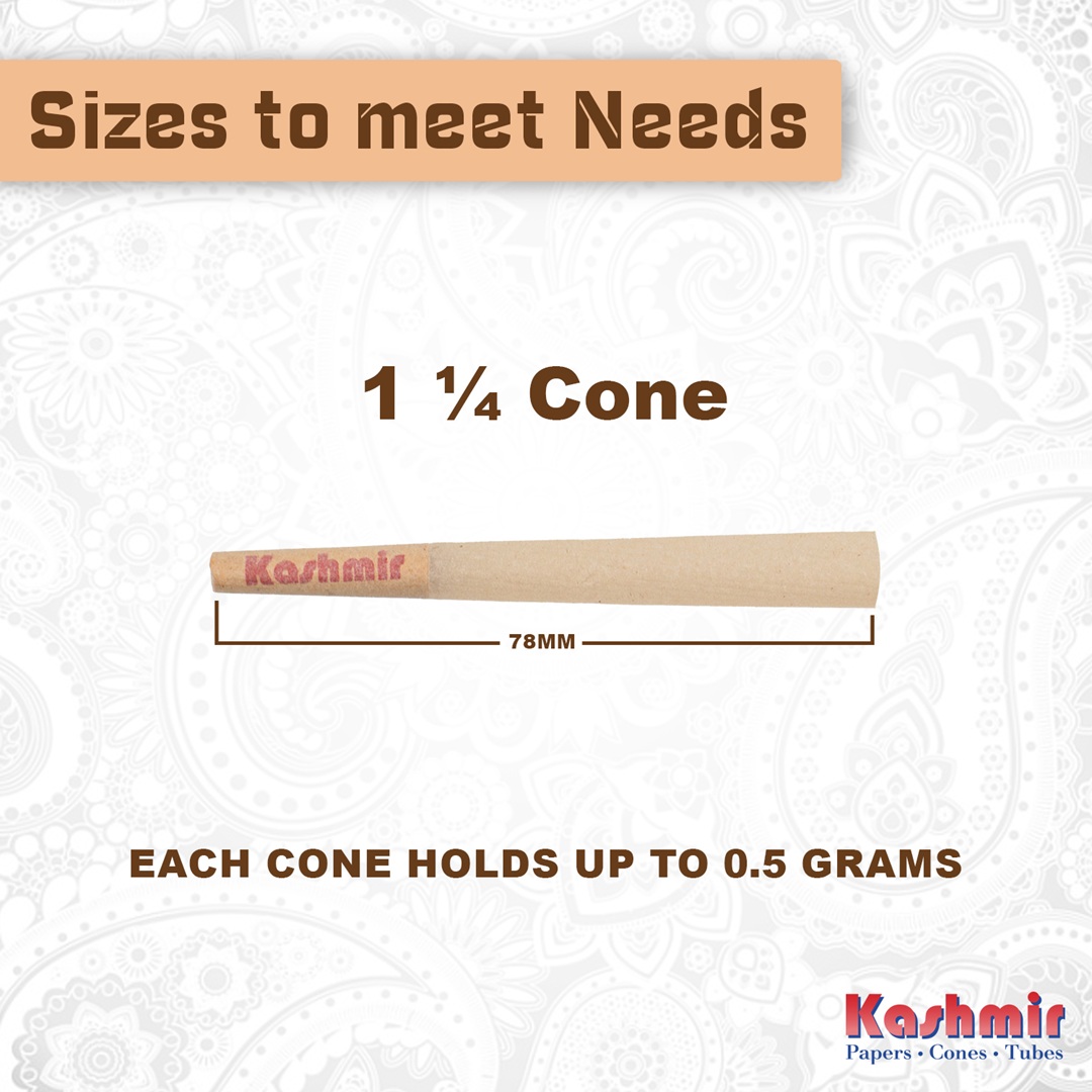 Size guide showing a Kashmir Organic Hemp 1¼ cone, 78 mm length, branded tip, and note “each cone holds up to 0.5 grams.”