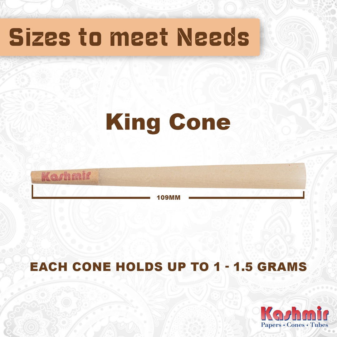 Kashmir Organic Hemp King Cone size guide showing a 109 mm cone with branded tip and note “each cone holds up to 1–1.5 grams".