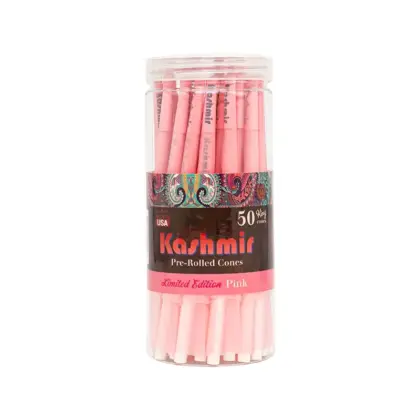 Jar of fifty King-size pink cones by Kashmir, pre-rolled smoking cones ready to fill and enjoy.