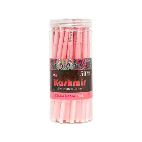 Jar of fifty King-size pink pre-rolled smoking cones by Kashmir, ready to fill and enjoy.