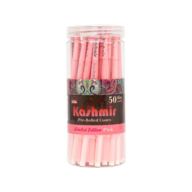 Jar of fifty King-size pink cones by Kashmir, pre-rolled smoking cones ready to fill and enjoy.