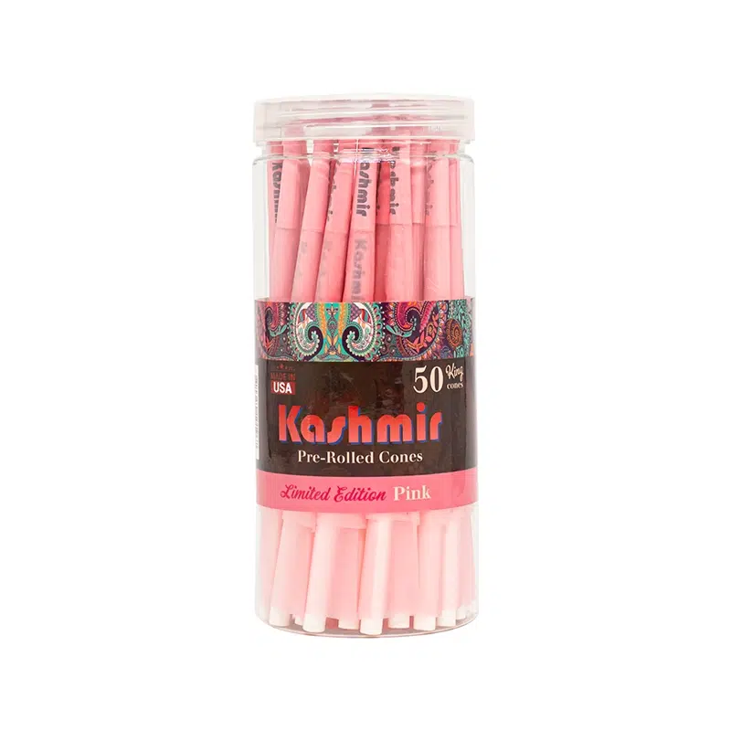 Jar of fifty King-size pink pre-rolled smoking cones by Kashmir, ready to fill and enjoy.