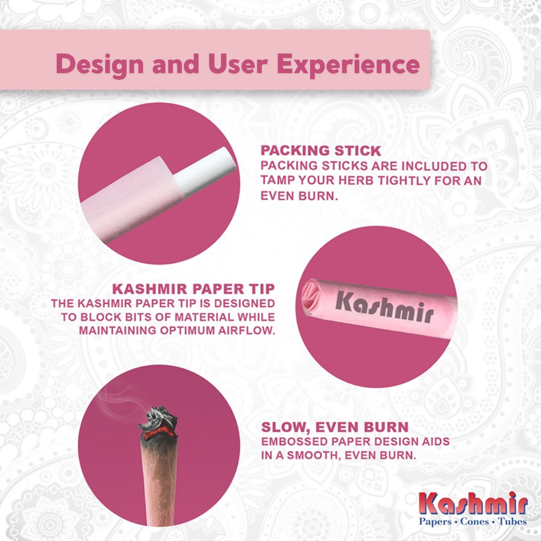Kashmir Pink Cones showing a packing stick, airflow-friendly paper tip, and embossed paper for a slow, even burn.