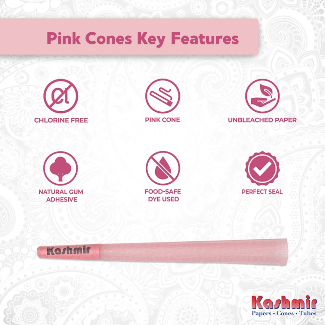 Kashmir Pink Cones key features: chlorine-free, pink cone, unbleached paper, natural gum adhesive, food-safe dye, and perfect seal, with a pink cone.