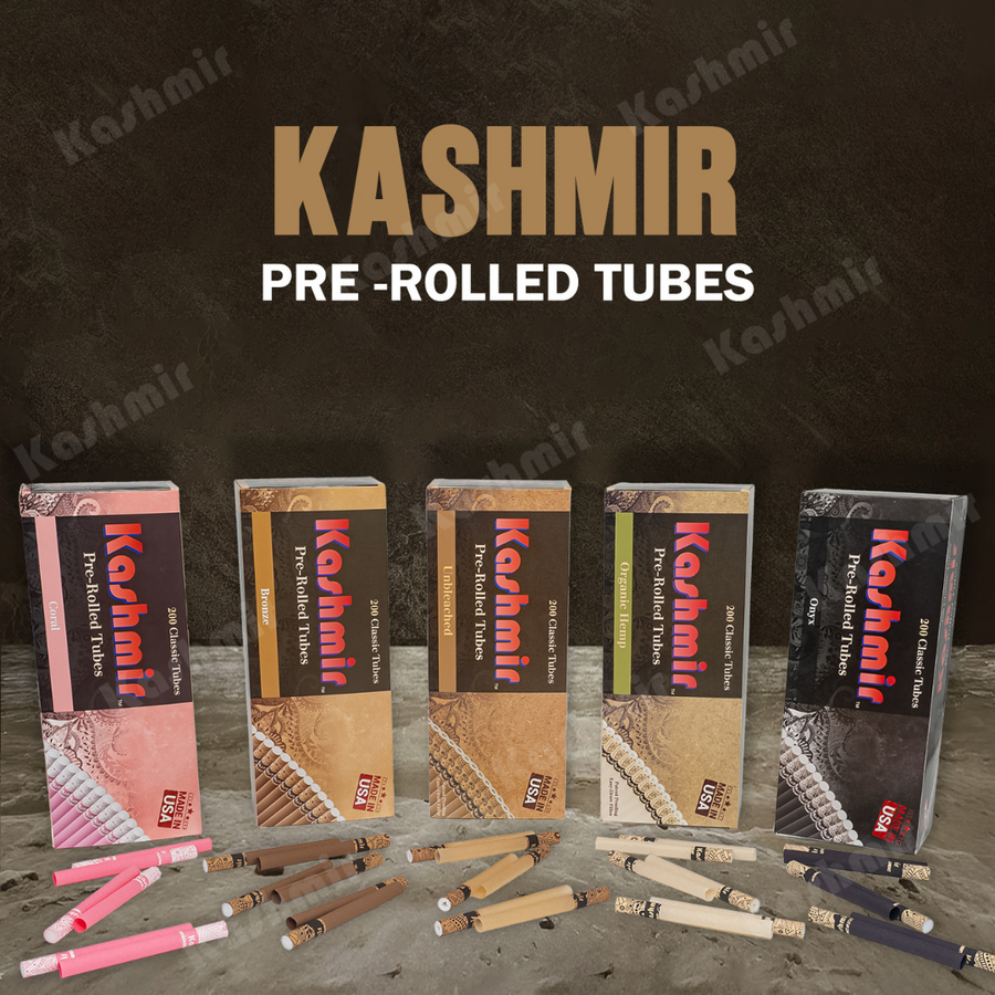 Five Kashmir pre-rolled cigarette tube cartons—Coral, Bronze, Unbleached, Organic Hemp, and Onyx—with matching tubes displayed in front.