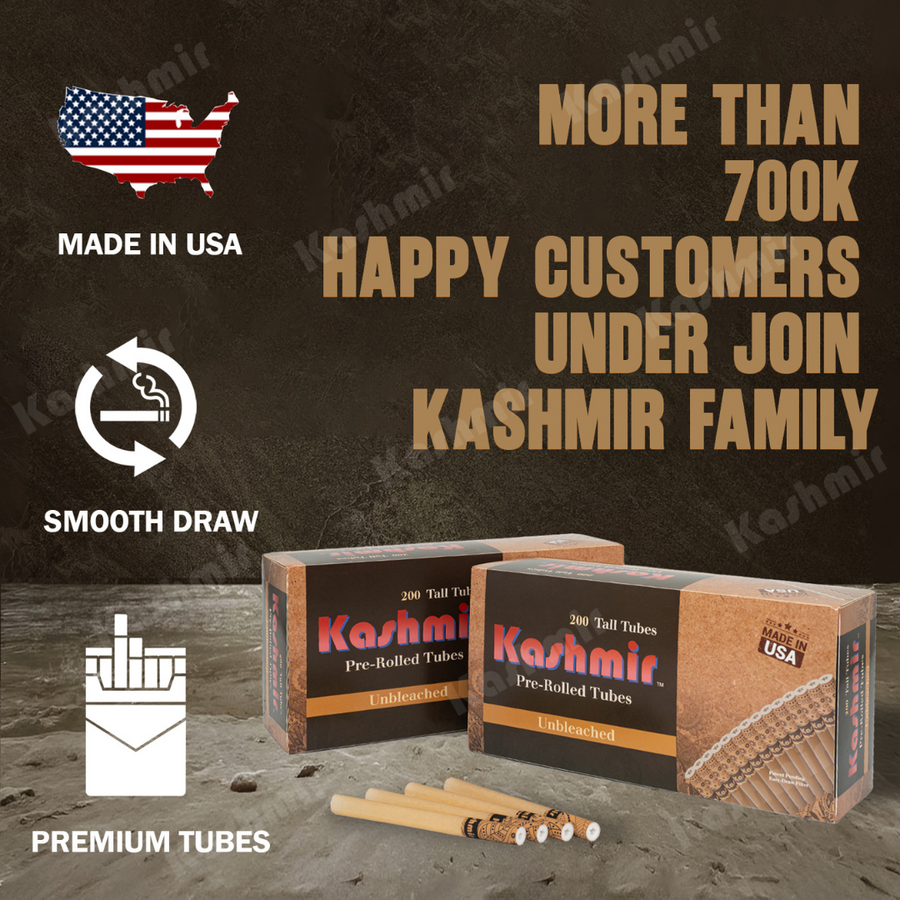 Two cartons of Kashmir Unbleached Tall pre-rolled cigarette tubes with several tan tubes in front; Made in USA, smooth-draw and premium icons; “700k happy customers” headline.