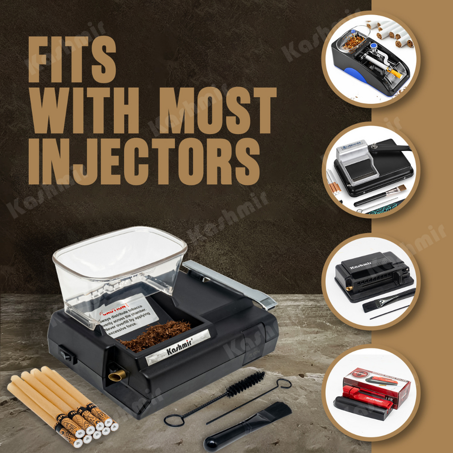 “Fits with most injectors” graphic showing Kashmir Unbleached tall empty cigarette tubes beside a tabletop injector and tools, with four injector types pictured on the right.