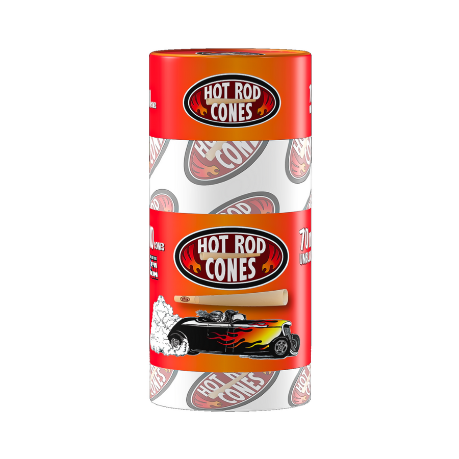Hot Rod 70mm unbleached pre-rolled cones in a 50-count canister, chlorine-free paper for a smooth, even burn