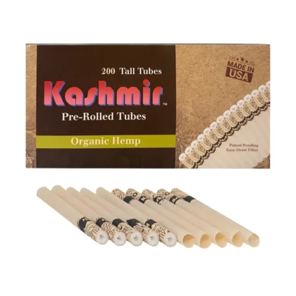 Kashmir Organic Hemp pre-rolled cigarette tubes, 200-count Tall Tubes carton with tan hemp paper tubes and white star filter tips, front view.