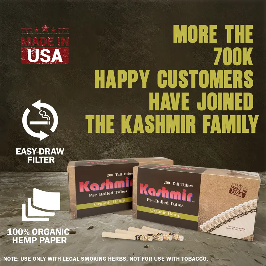 Kashmir Organic Hemp pre-rolled tubes, promotional graphic with two 200-count cartons and text highlighting 700k+ happy customers, “Made in USA,” smooth draw, and premium quality.