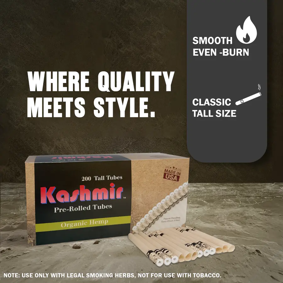 Kashmir Organic Hemp pre-rolled tubes, features image highlighting an easy-draw filter, smooth even-burn, and eco-conscious design; 200-count carton, Made in USA.