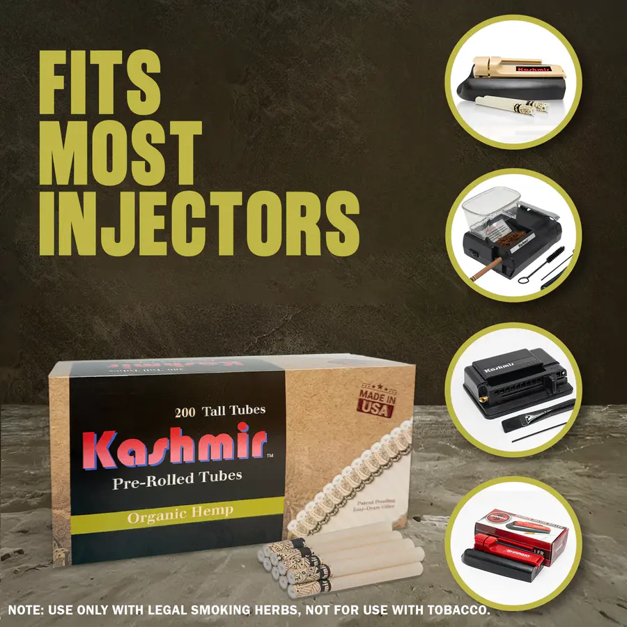 “Fits with most injectors” graphic showing a tabletop cigarette injector with tobacco and tools, alongside Kashmir Organic Hemp tubes and four inset images of common injector styles.