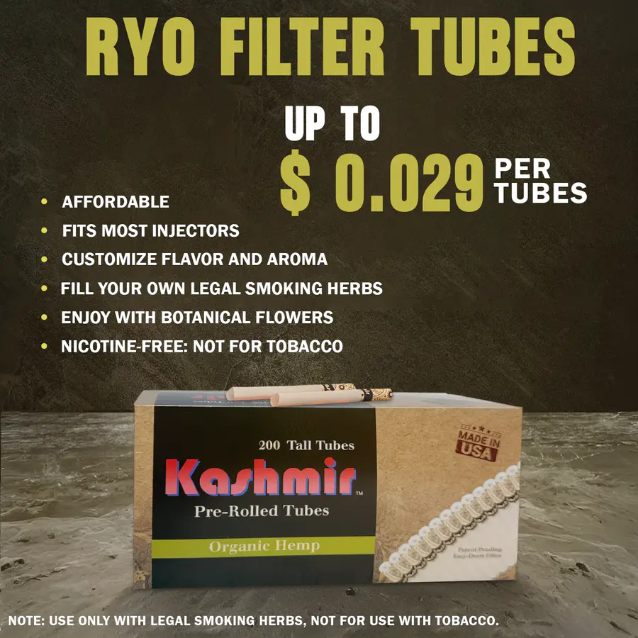 RYO vs. filled tubes cost comparison for Kashmir Organic Hemp pre-rolled tubes — up to $0.029 per cigarette vs $0.56–$1.00.