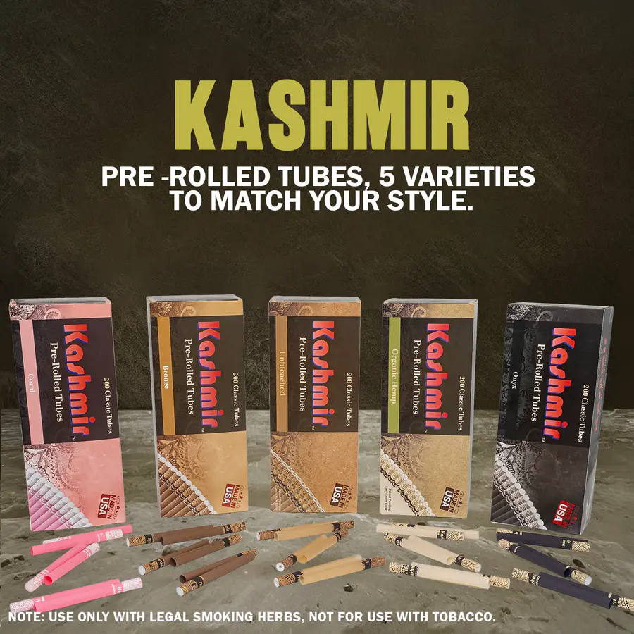 Kashmir pre-rolled tubes lineup — Coral, Bronze, Unrefined, Organic Hemp, and Onyx — 200-count cartons with matching tubes in front.
